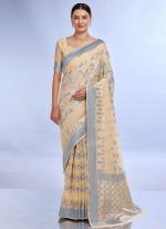 Linen Silk Cream Casual Wear Jacquard Work Saree